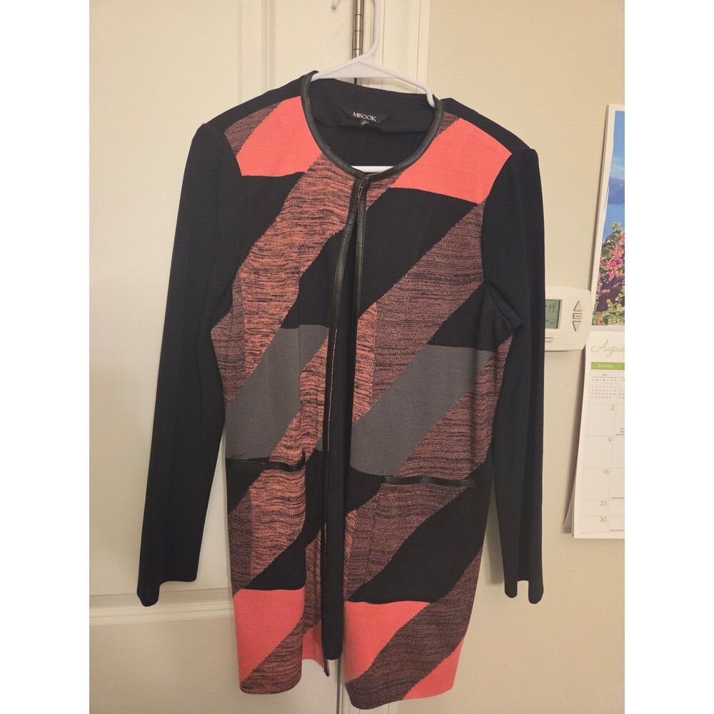 Misook Open Cardigan Black Coral Pink & Gray Print w/ Faux-Leather Trim Size S